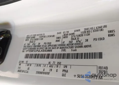 2020 Ford F-150 Xl z USA, uszkodzony, nr VIN 1FTEW1CP2LKE63866